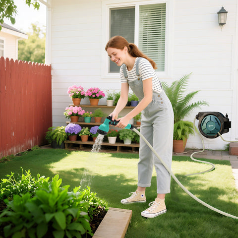 Outsunny Retractable Hose Reel Wall Mounted, 20+2m Garden Hose Pipe Reel with Lock, Auto Rewind, 7 in 1 Spray Nozzle, Includes Wall Fixings, 180° Swivel, Outdoor Watering, 54 x 20 x 39 cm, Black