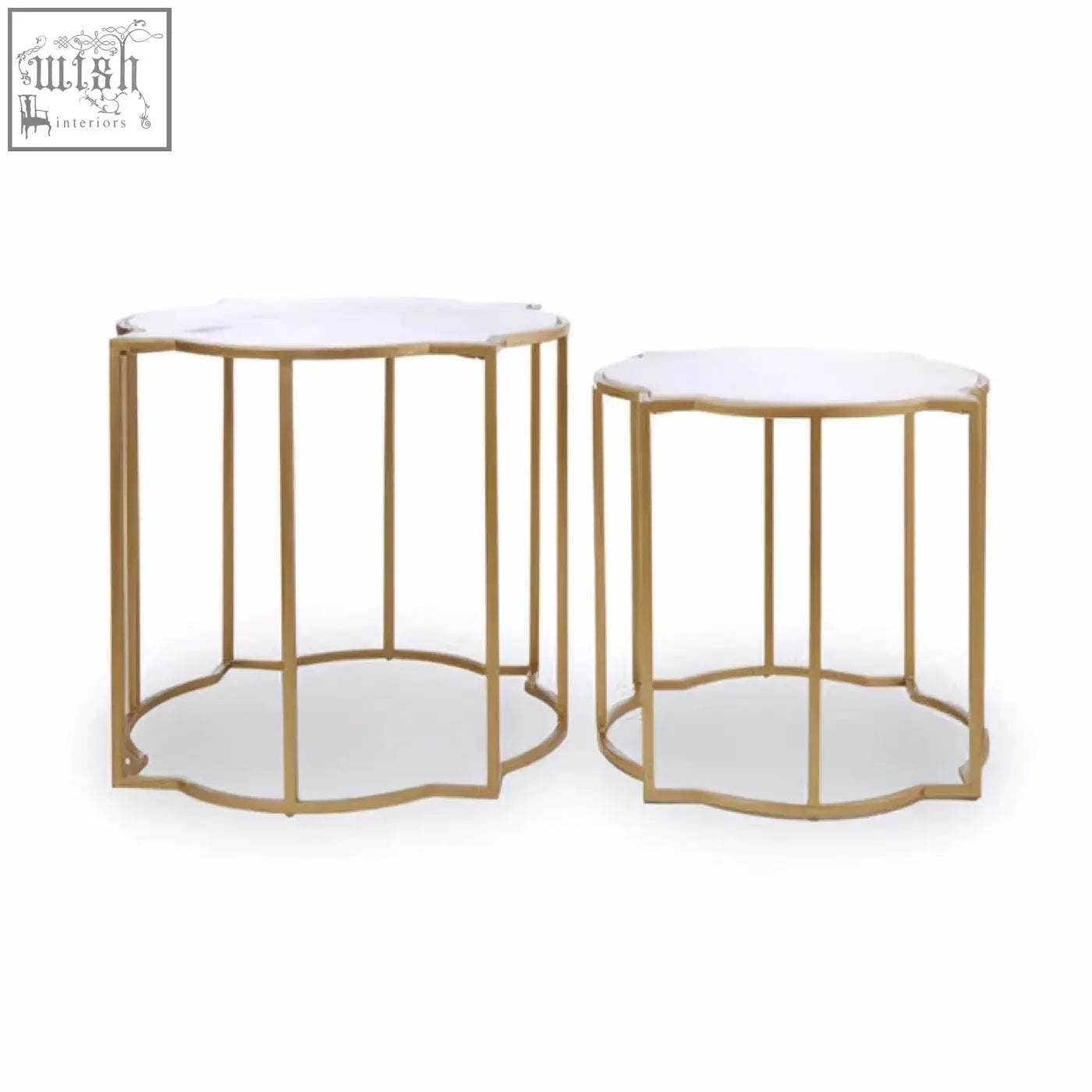 Rabia set of 2 metal side tables with gold finish and white marble tops featuring scalloped edges for upscale styling