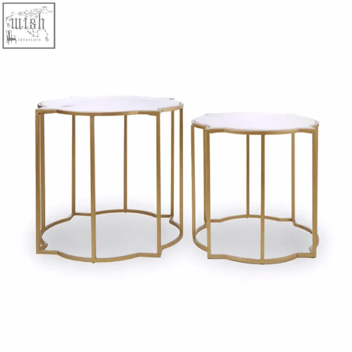 Rabia set of 2 metal side tables with gold finish and white marble tops featuring scalloped edges for upscale styling