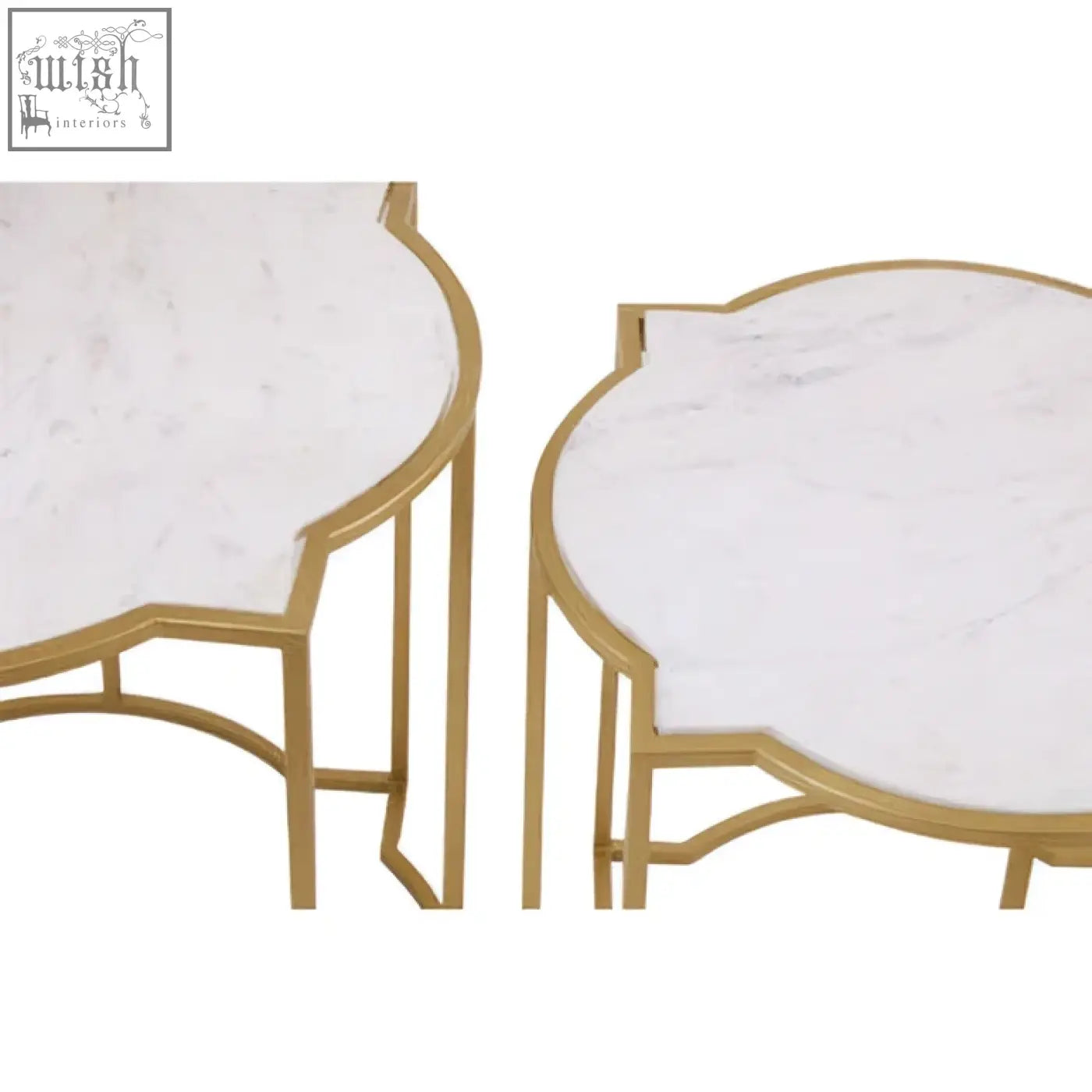 Gold-framed rabia set of 2 coffee tables with white marble tops for upscale styling in living room spaces
