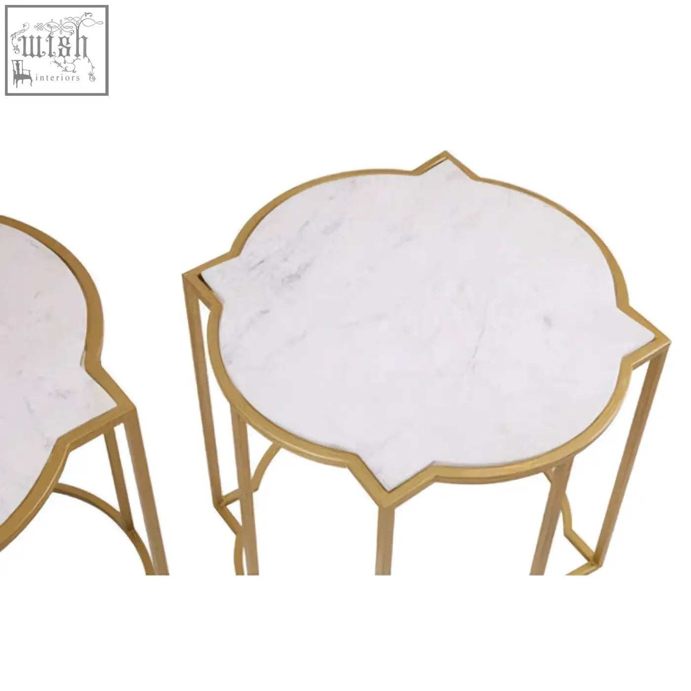 Rabia set of 2 nesting tables with gold frames and white marble tops for upscale styling and modern decor