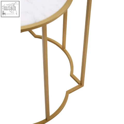 Gold-toned metal frame rabia set of 2 tables with white marble tops for upscale styling in living space