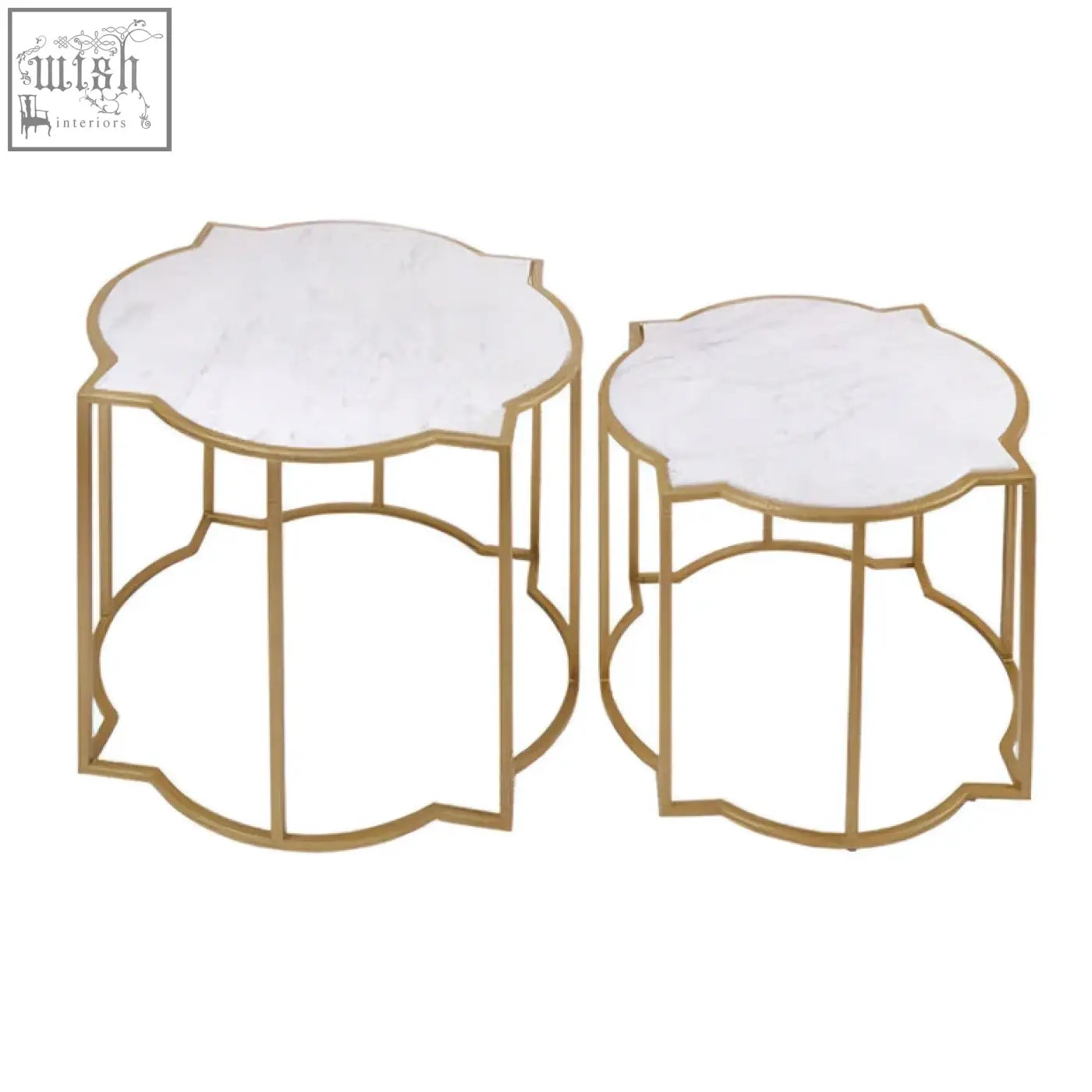 Rabia set of 2 tables with gold-toned metal frame, white marble tops, ornate scalloped edge, and openwork bases