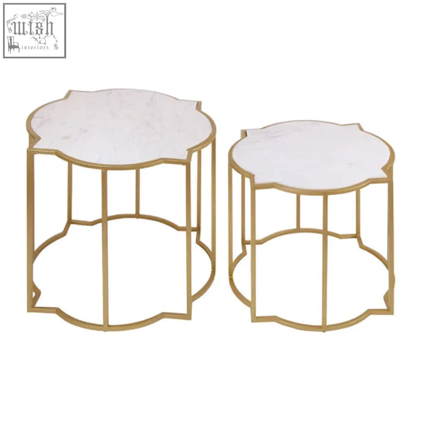 Rabia set of 2 tables with gold-toned metal frame, white marble tops, scalloped edge, and openwork bases