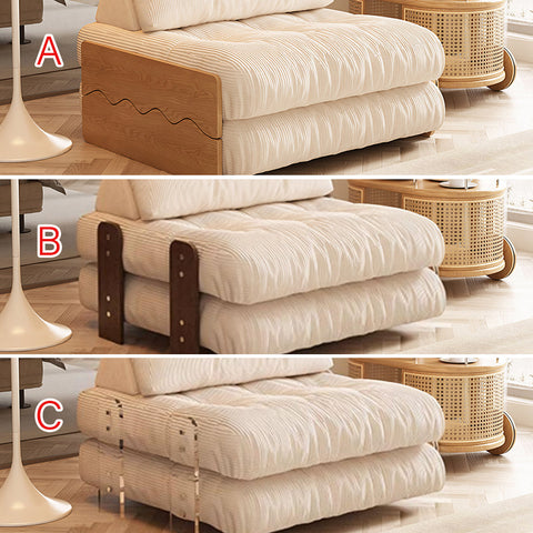A beige ribbed fabric rachman sleeper armchair single seater bed with wooden frame and visible support legs in cream