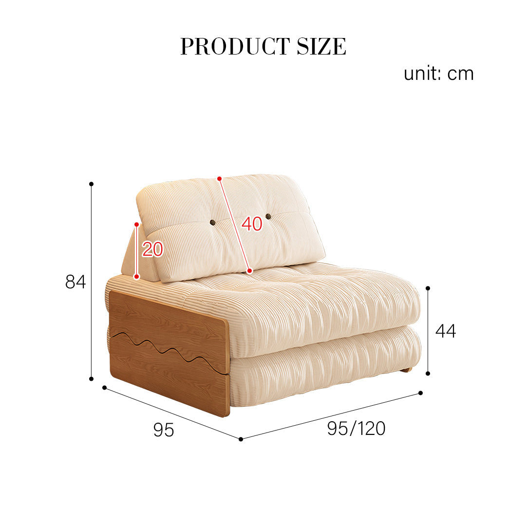 Beige corduroy rachman sleeper armchair with wooden base and wavy edges as a single seater bed cream color