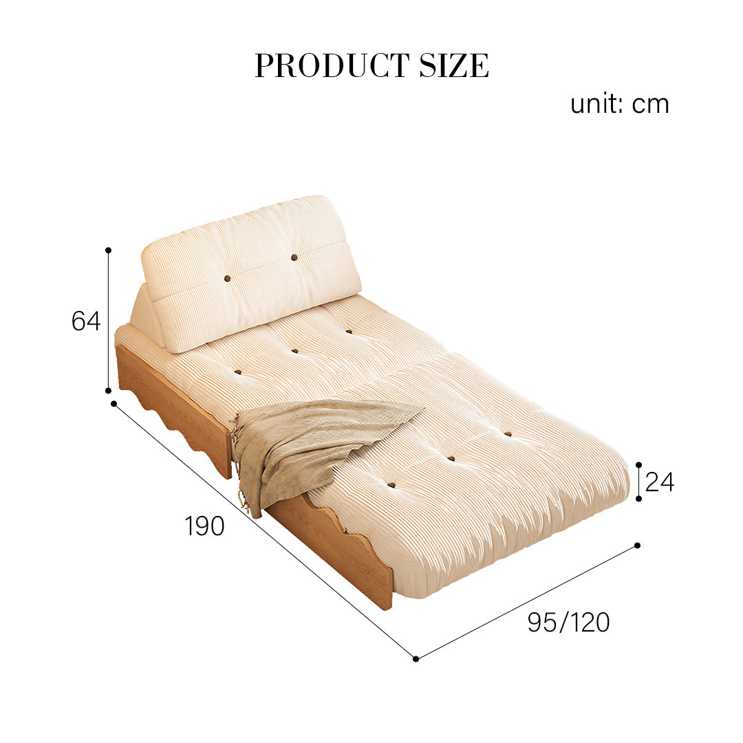 Beige corduroy rachman sleeper armchair with tufted headboard and wooden frame as a comfy single seater bed