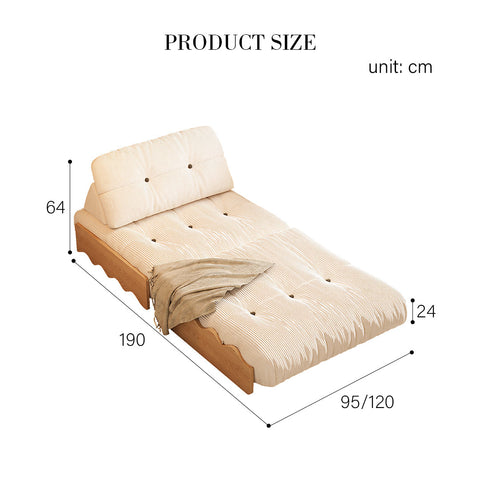 Beige corduroy rachman sleeper armchair with tufted headboard and wooden frame as a comfy single seater bed