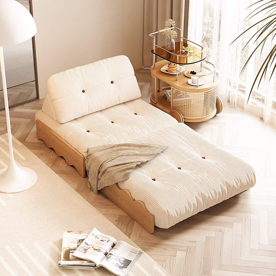 Beige corduroy rachman sleeper armchair with tufted headboard and wooden frame single seater bed cream