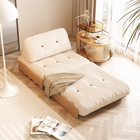 Beige corduroy rachman sleeper armchair with tufted headboard and wooden frame single seater bed cream
