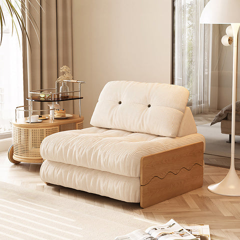 Cream corduroy rachman sleeper armchair single seater bed with wooden frame and tufted backrest for cozy seating