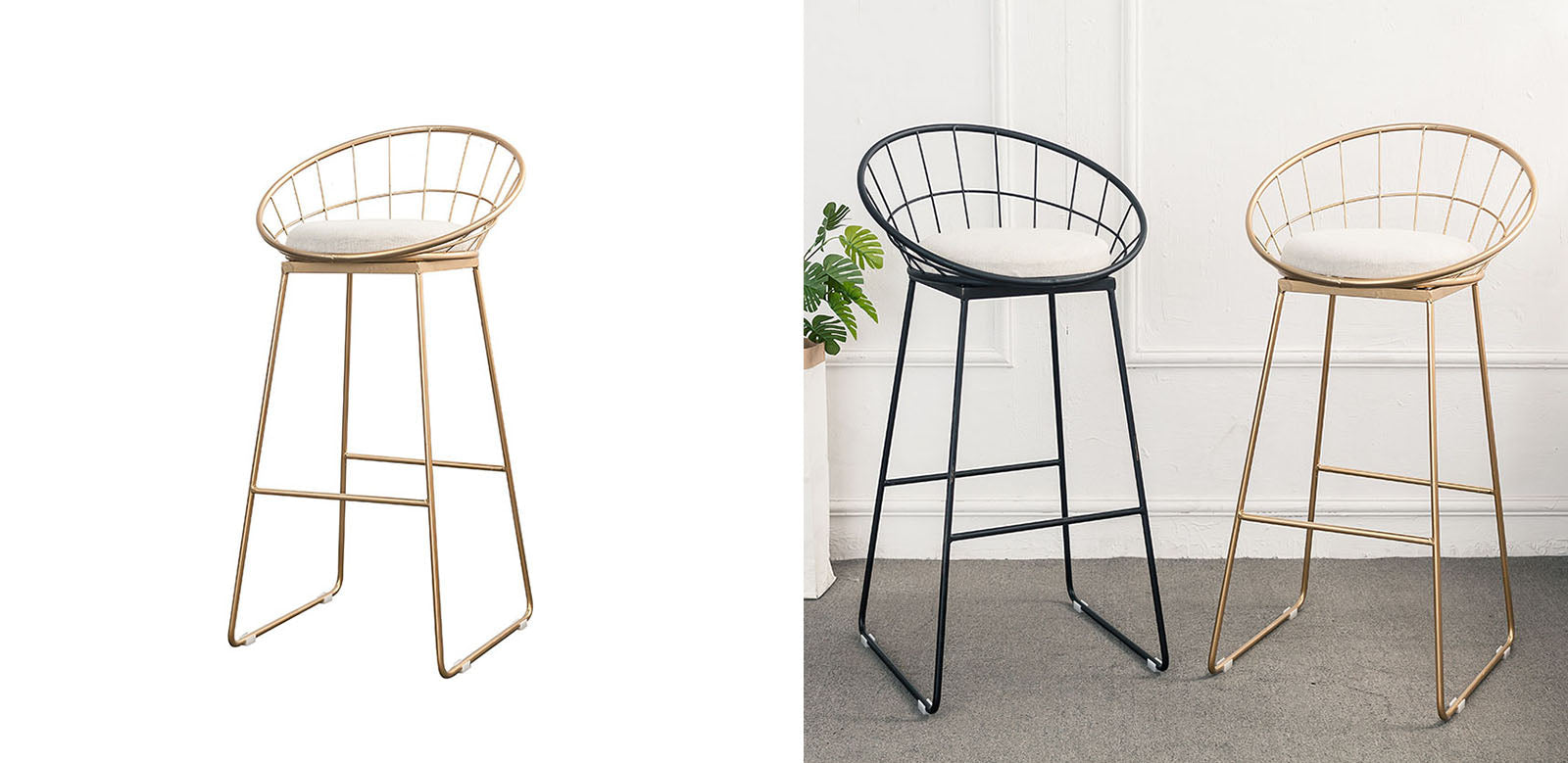 Modern rafael sphere bar stool with white cushion and metallic gold or black wireframe for stylish seating