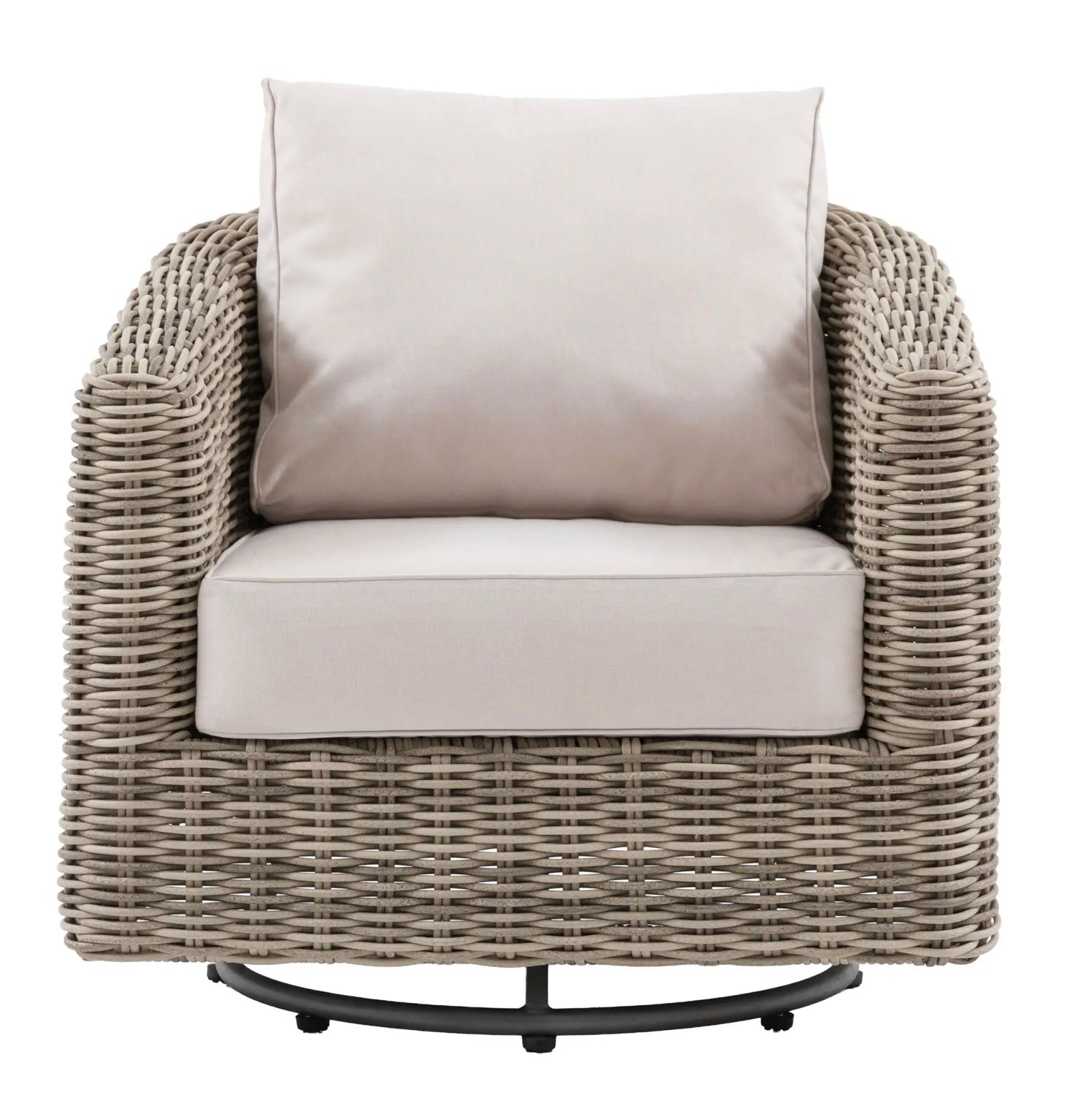 Beige wicker ragusa swivel chair with cushioned seat and aluminium frame for indoor and outdoor use
