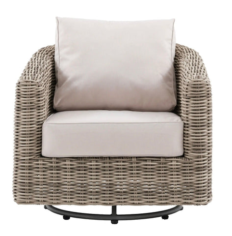 Beige wicker ragusa swivel chair with cushioned seat and aluminium frame for indoor and outdoor use