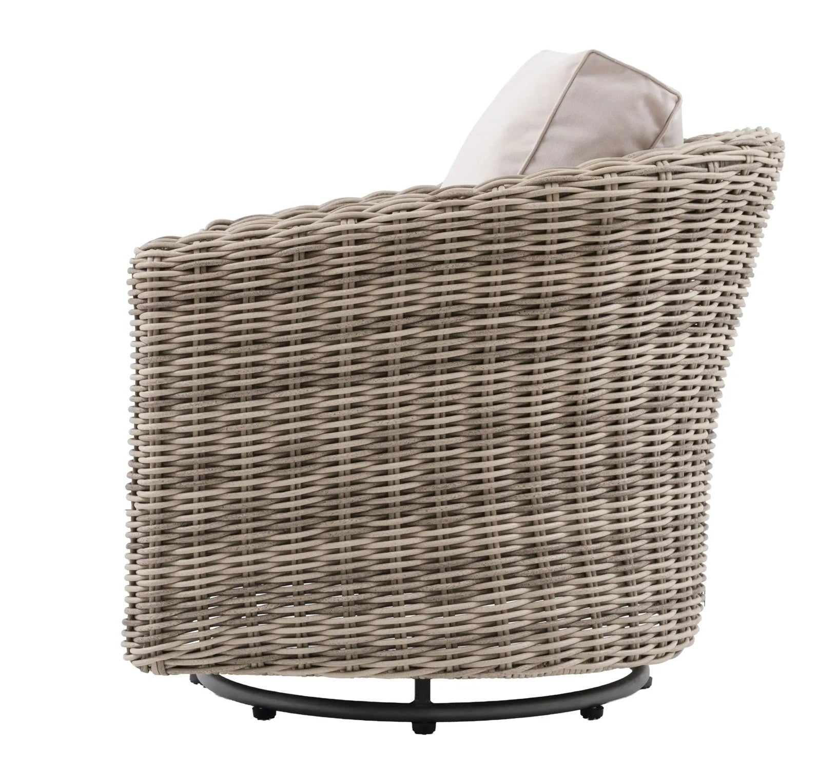 Beige ragusa swivel chair with woven wicker, matching cushion, and sturdy black aluminium frame base