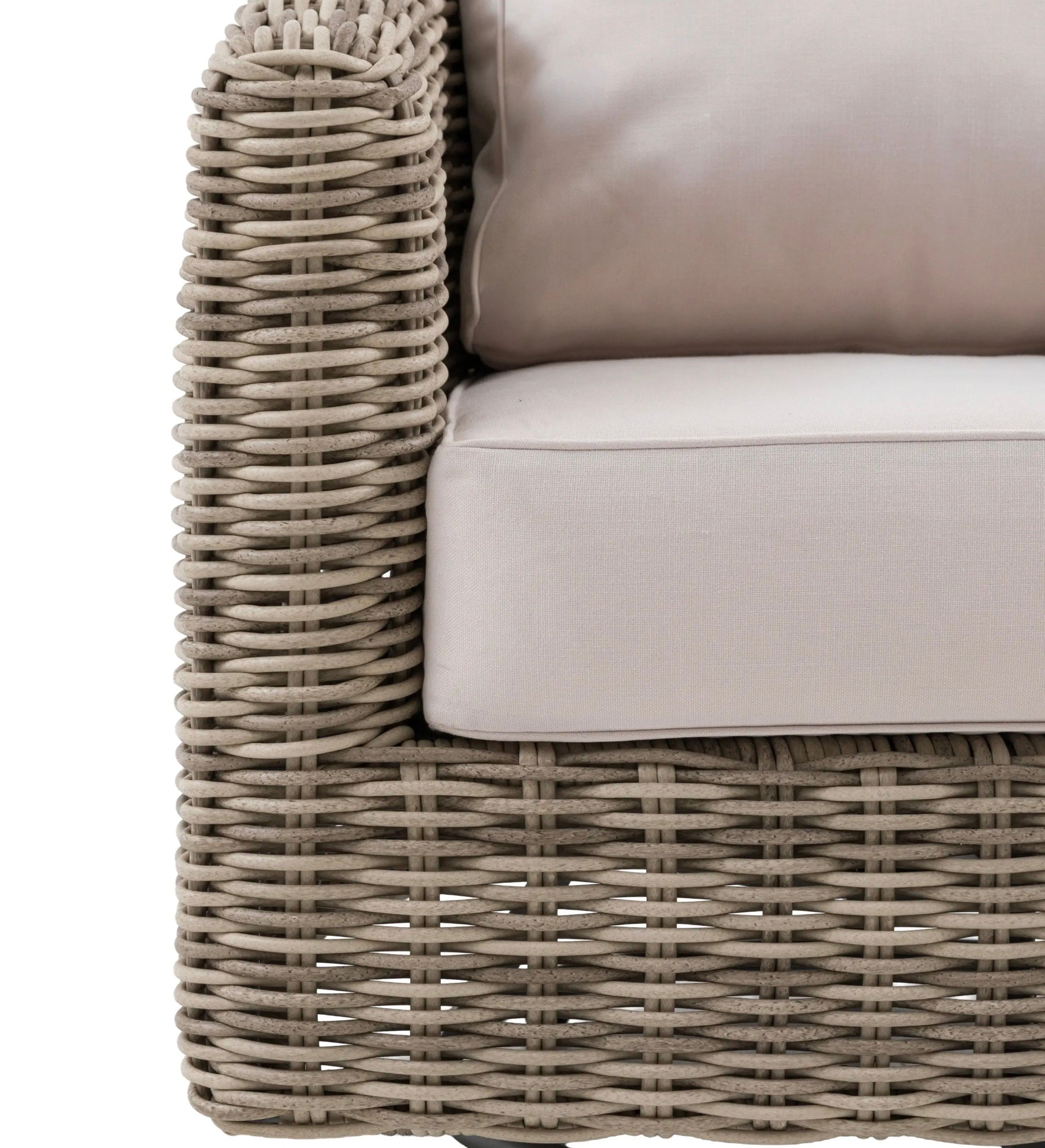 Beige woven wicker ragusa swivel chair with light gray cushions and sturdy aluminium frame for outdoor use