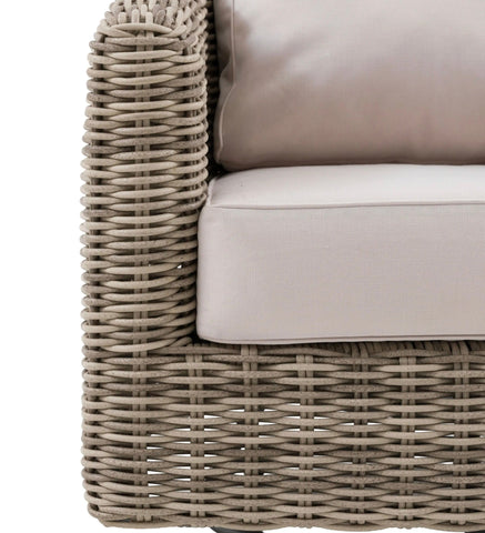 Beige woven wicker ragusa swivel chair with light gray cushions and sturdy aluminium frame for outdoor use