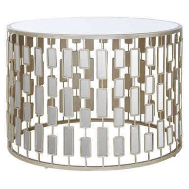Raina large round coffee table with clear glass top and metallic frame featuring vertical mirror panels