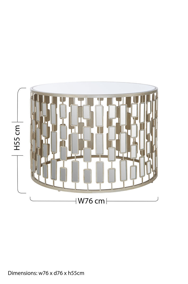 Modern large round coffee table with white glass top and metallic frame featuring vertical rectangular panels, raina large round