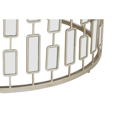 Raina large round coffee table with sleek curved metal frame and geometric mirrored panels in polished silver