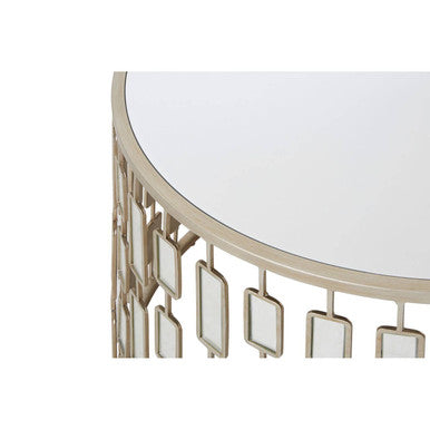 Raina large round coffee table with a sleek gold-toned metal frame and a round mirrored top for modern living rooms