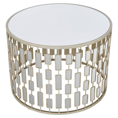 Raina large round coffee table with sleek mirrored top and metallic openwork base for modern living spaces