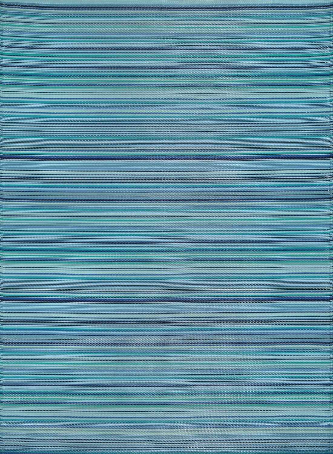 A rectangular rainbow outdoor rug with horizontal blue, teal, and green stripes perfect for outdoor use