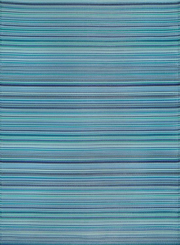 A rectangular rainbow outdoor rug with horizontal blue, teal, and green stripes perfect for outdoor use