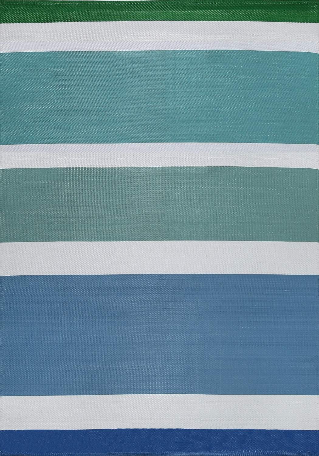 A rainbow outdoor rug with textured fabric featuring blue and green stripes separated by white bands for outdoor use