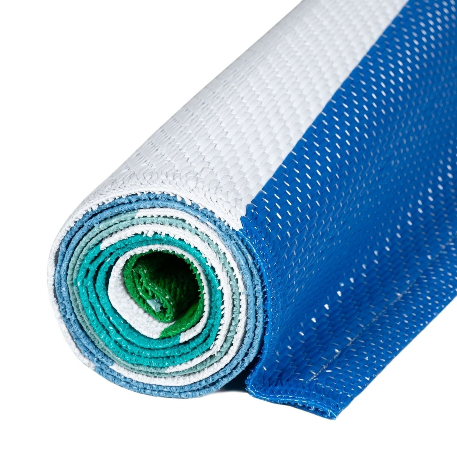 A rolled-up rainbow outdoor rug blue with vibrant woven stripes and a green inner layer perfect for outdoor use