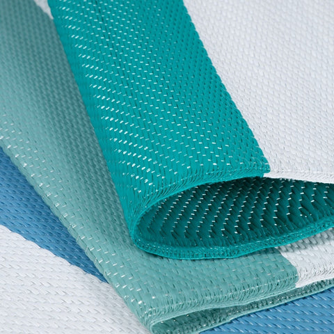 Teal woven plastic rainbow outdoor rug blue with textured interlaced pattern perfect for outdoor use