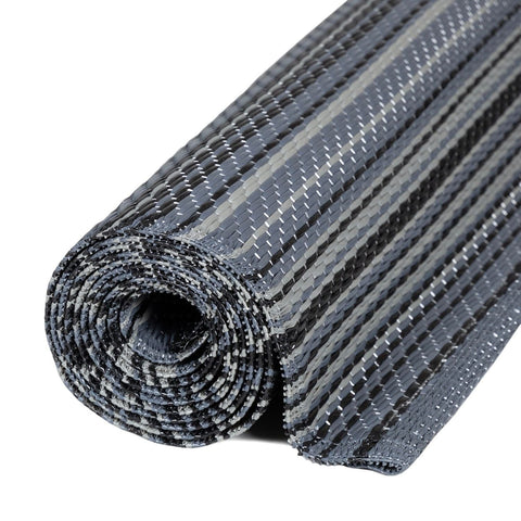 Dark grey rainbow outdoor rug roll with textured black and gray woven mesh perfect for outdoor rug dark use