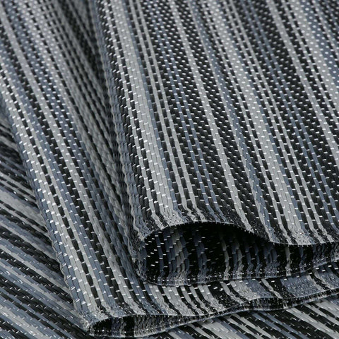 Dark grey rainbow outdoor rug with black and silver woven textured interlaced fabric for outdoor use
