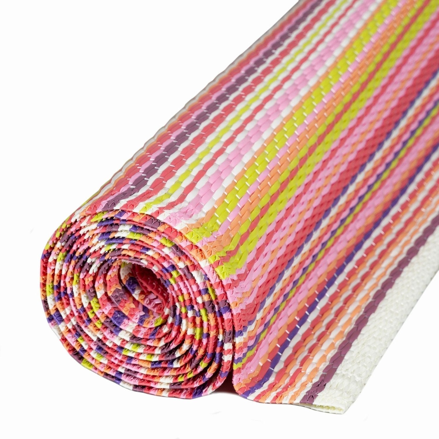 A rolled-up rainbow outdoor rug pink with colorful stripes and woven texture perfect for outdoor use