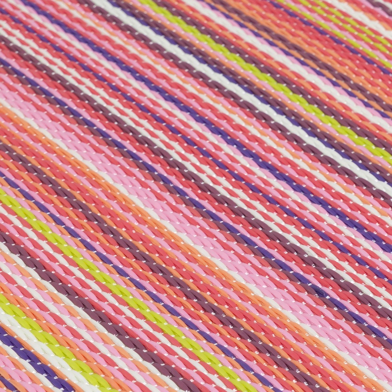 A vibrant rainbow outdoor rug pink with diagonal woven stripes in pastel and bold hues perfect for outdoor use