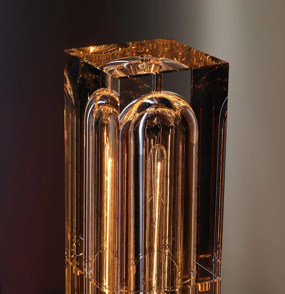 Golden translucent glass raito light lamp with modern geometric vertical arches and reflective surfaces
