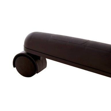 Black plastic office chair base with single caster wheel shown on ralesi chrome frame clothes rack back side