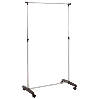 Silver metal clothes rack with chrome frame black plastic feet and wheels by ralesi for easy mobility