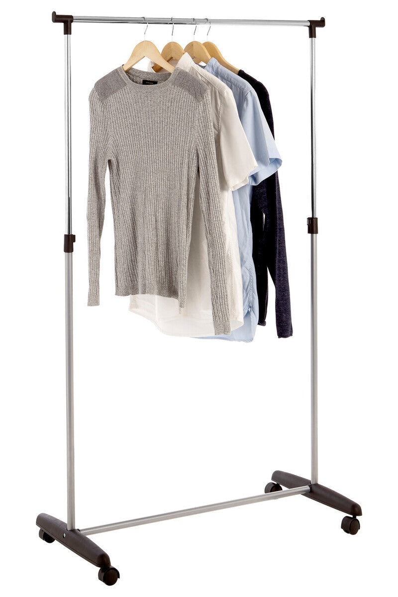 Ralesi chrome frame clothes rack in silver metal with black wheels and wooden hangers holding a gray sweater