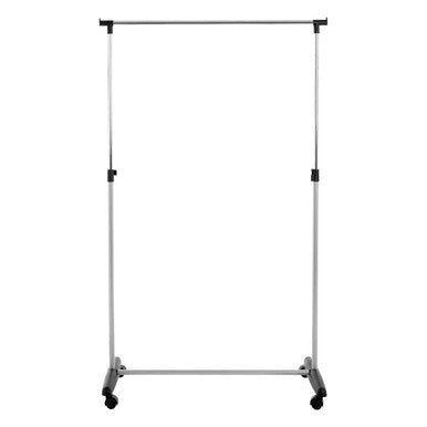 Silver metal clothes rack with chrome frame and black caster wheels for easy mobility and sturdy storage