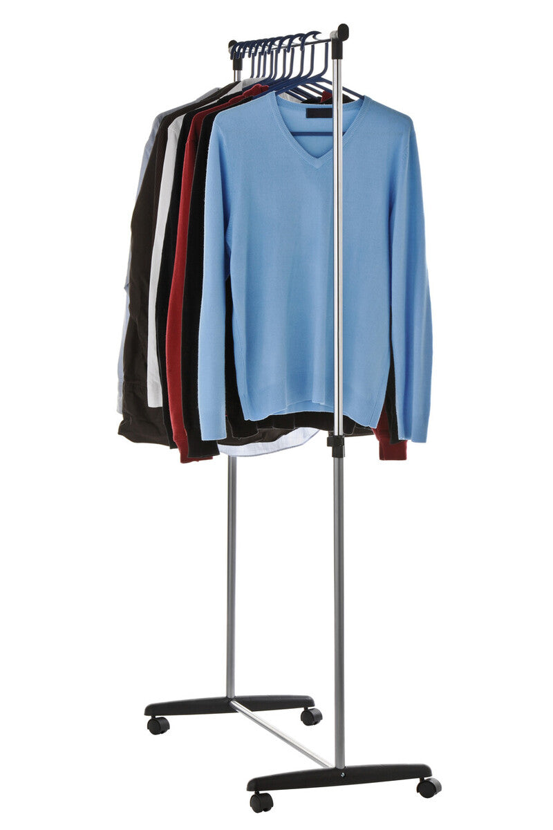 Silver metal clothes rack with black plastic base and wheels holding colorful sweaters on hangers ralesi chrome frame clothes rack