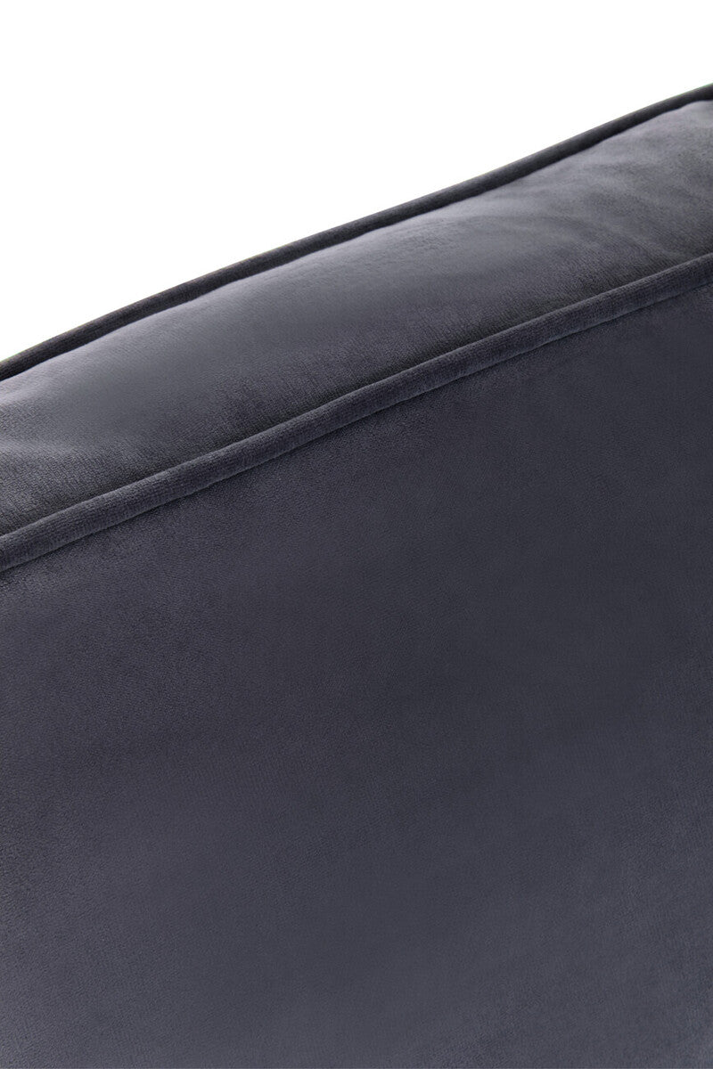 Dark gray velvet cushion with plush texture and stitched edges on ralph three seat black velvet sofa