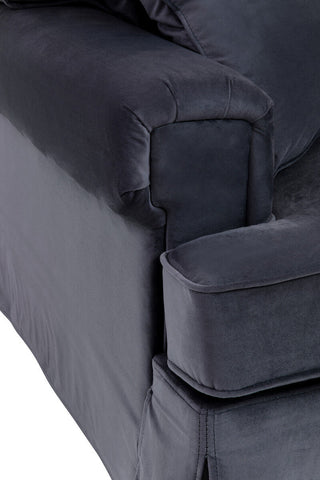 Ralph three seat black velvet sofa with dark gray velvet sofa plush cushioned armrests and tailored skirt