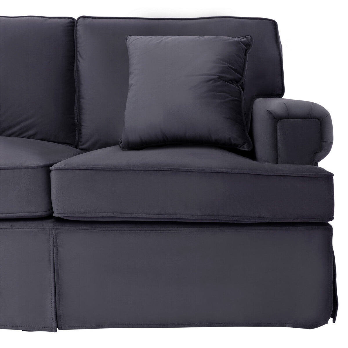 Dark gray upholstered ralph three seat black velvet sofa with matching cushion and skirted velvet sofa base