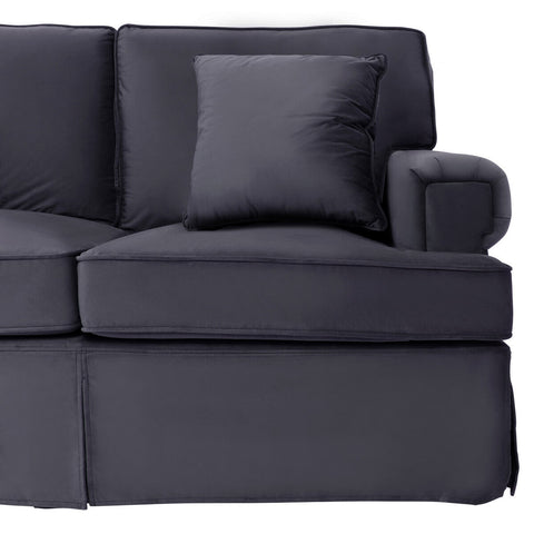 Dark gray upholstered ralph three seat black velvet sofa with matching cushion and skirted velvet sofa base