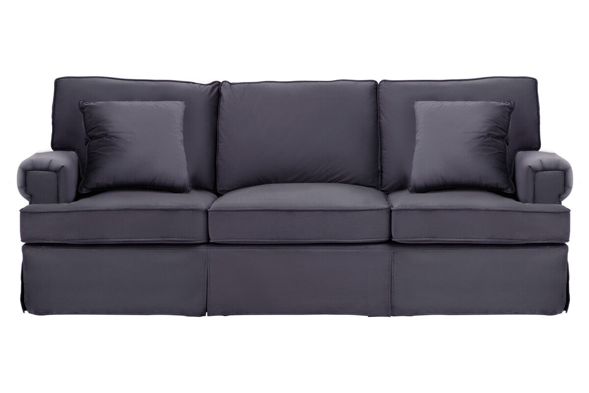 Dark gray upholstered ralph three seat black velvet sofa with rolled arms and matching throw pillows velvet sofa