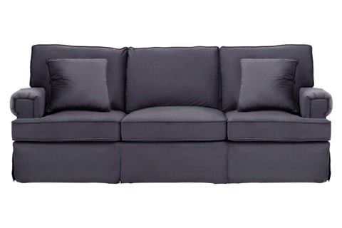 Dark gray upholstered ralph three seat black velvet sofa with rolled arms and matching throw pillows velvet sofa