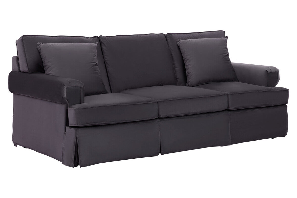 Dark gray upholstered ralph three seat black velvet sofa with classic design and matching throw pillows
