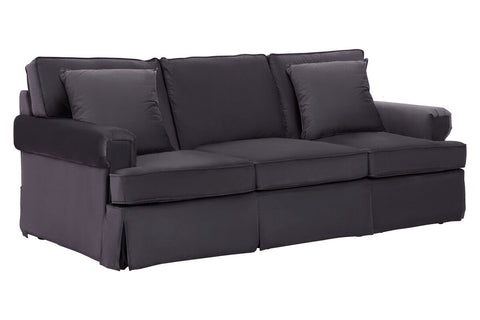 Dark gray upholstered ralph three seat black velvet sofa with classic design and matching throw pillows