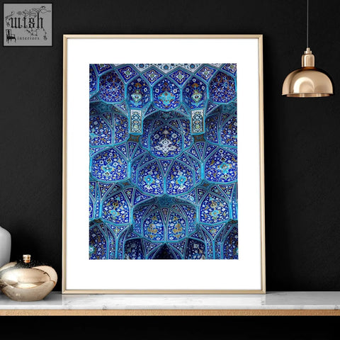 A framed art print with intricate blue and turquoise islamic tilework perfect for ramadan decoration ideas wall art prints